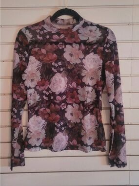 Sheer Floral Mock Neck Long-Sleeve Top in Mauve Pink